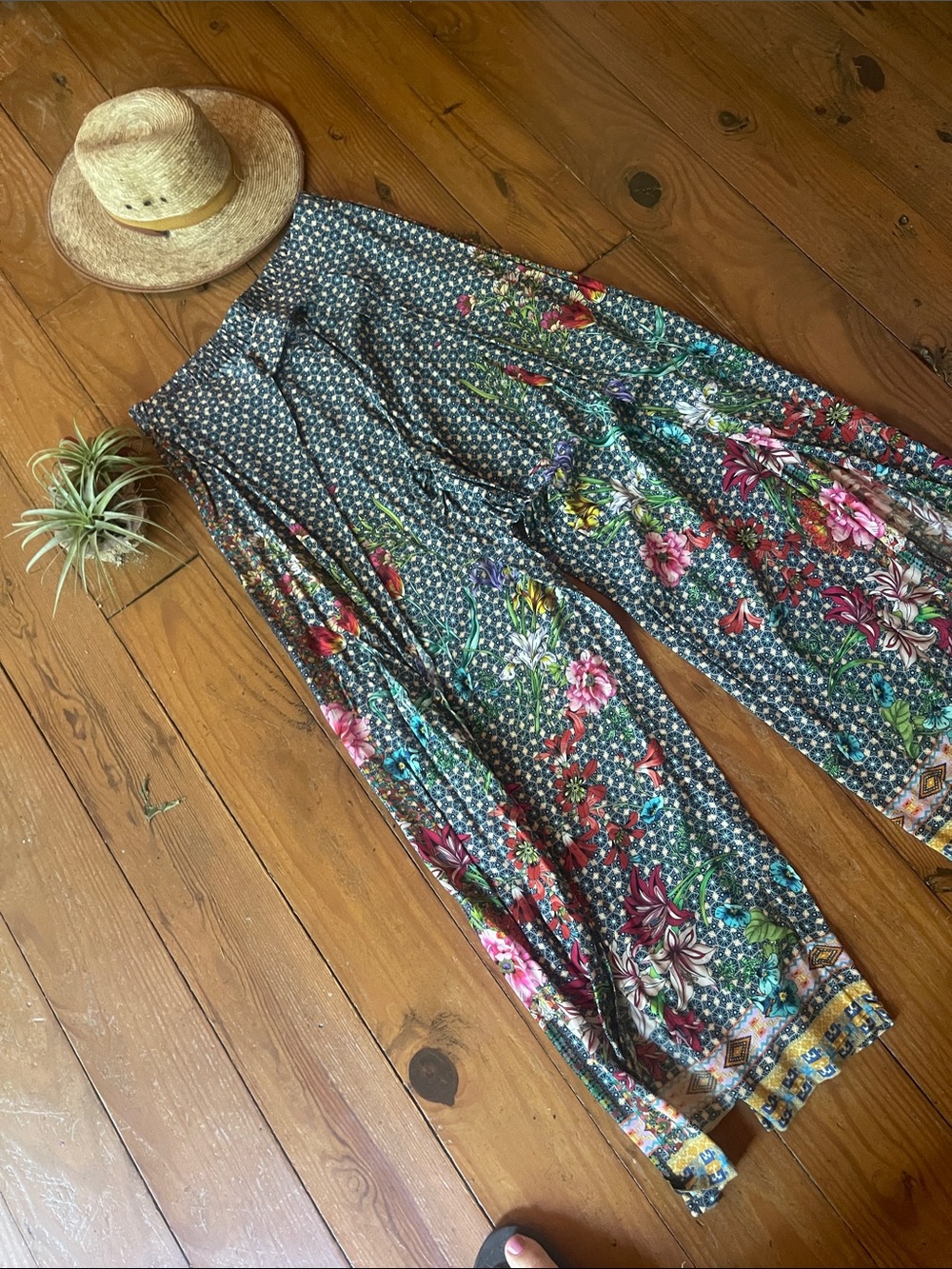 Women’s Floral Wide-Leg Split Johnny Was  Pants - Teal Multicolor